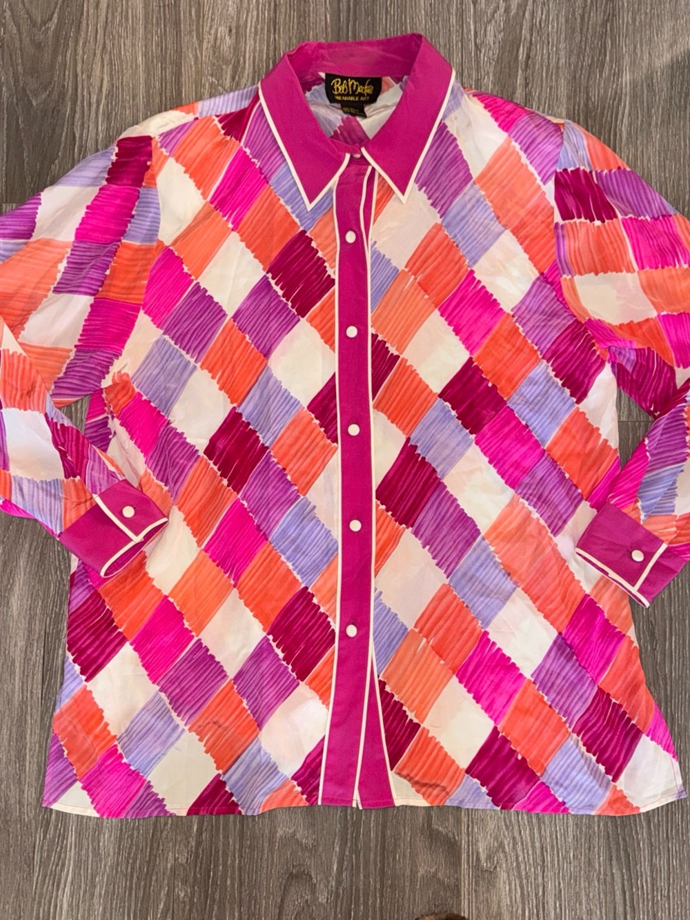Bob Mackie Bright Argyle Print Button-Up Blouse - Pink/Coral/Lavender